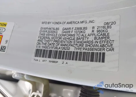 2020 Honda Accord Sport from USA, damaged, VIN 1HGCV1F35LA126232